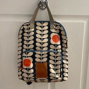 Orla Kiely Cream and Blue Backpack with Orange Geometric Design Used